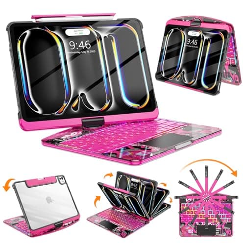 SIBEITU Keyboard Case for iPad Pro 11 Inch (M5 2025 / M4 2024), 360 Rotatable iPad Pro 11 Clear Cover with Multi-Touch Trackpad, 7-Color Backlight & 3 Brightness, High-Tech Visible PCB Design, Pink