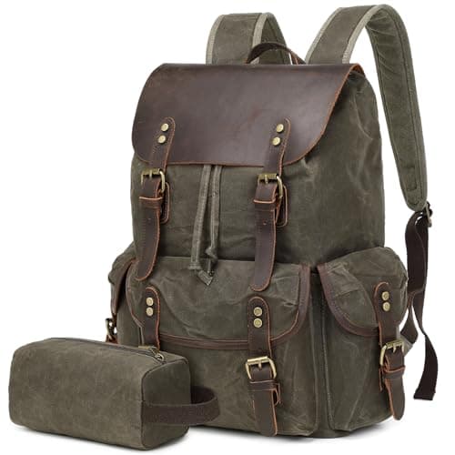 Wogarl Vintage Leather Canvas Backpack Waxed Canvas Shoulder Rucksack with Toiletry Shoulder Rucksack for Traveling Camping HikingBusiness College Fits 17inch LaptopGreen