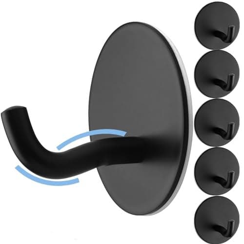 Uvish Matte Black Adhesive Towel Hooks 6 Pack Heavy Duty Wall Hooks for Hanging Robes, Loofah, Towels, Clothes Coat Hooks Stick on Bathroom or Kitchen Stainless Steel