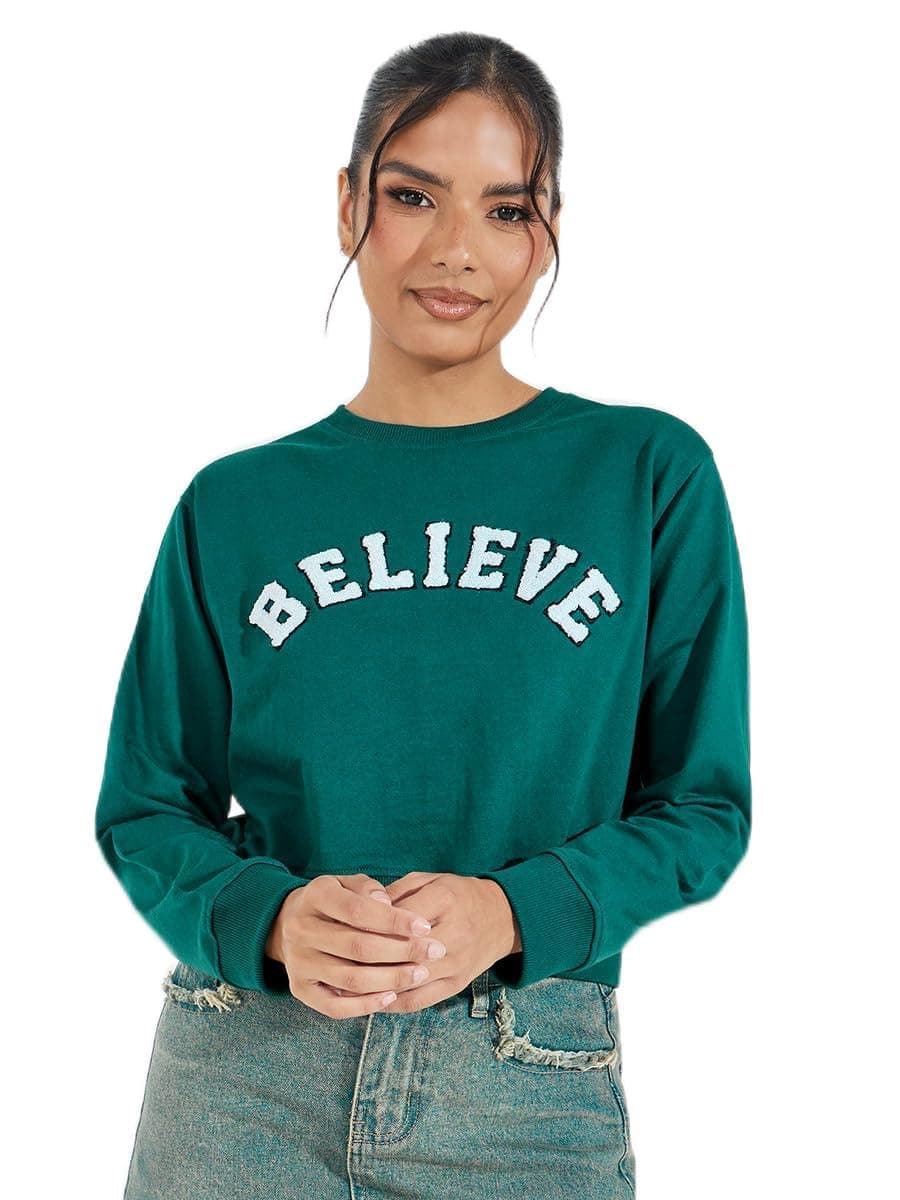 Styli Women Teal Regular Fit Short Length Sweatshirt Embroidery