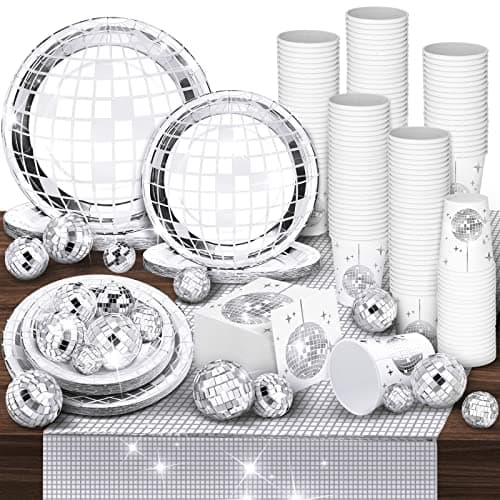Marsui 121 Pcs 70s 80s Disco Ball Party Decorations Disposable Paper Plates Napkins Cups Bachelorette Silver Balls Tableware Set for Wedding Cocktail Birthday Dancing Queen PartySilver