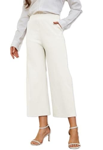 Rasutina Women's White Wide Leg Capris Work Cropped Pants Casual Summer Capri Pants High Waisted Crop Palazzo