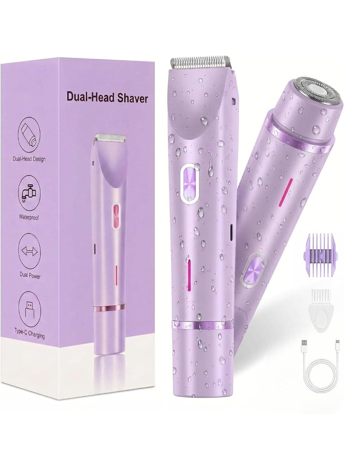 Bikini Trimmer for Women-2 in 1 Dual Head Bikini Shaver & Body Shaver,IPX7 Cordless & Waterproof Electric Shaver Wet & Dry Use,Painless Hair Removal,Ceramic Blade, Ultra Low Silent,Purple