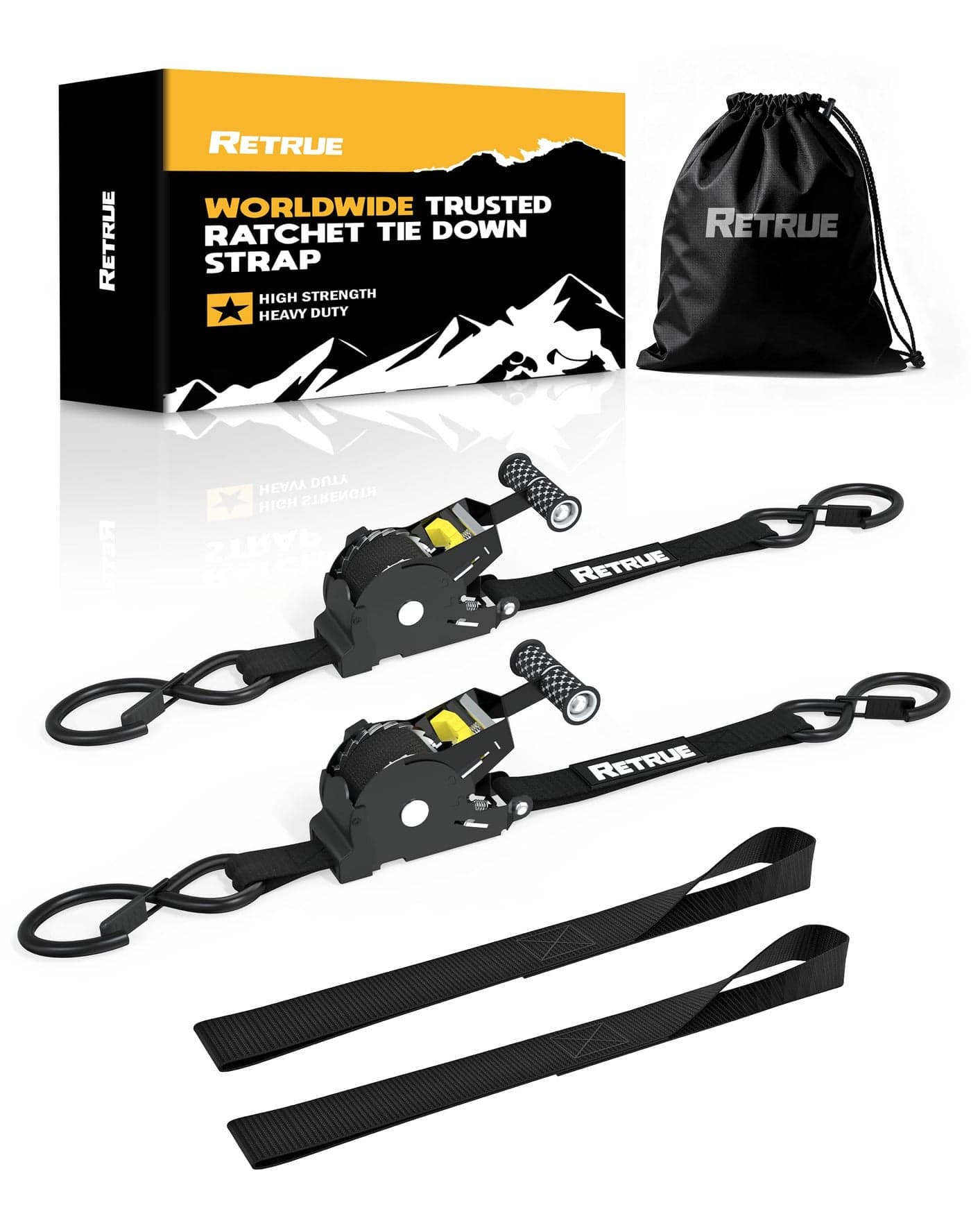 RETRUE Heavy Duty Self-Retracting Ratchet Straps, 10 Feet Retractable Ratchet Tie Down Straps with 1,500lb Break Strength for Trailers, Motorcycles, ATVs, Moving, Cargo Handling & More, Black (2 Pack)