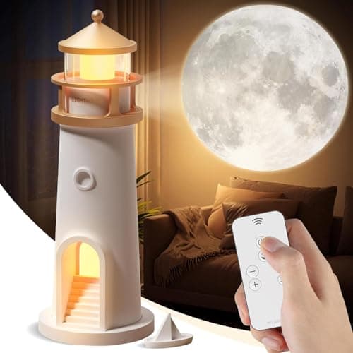 EYUVAA LABEL Lighthouse Night Lights with Full Moon Projector Night Light, Rechargeable LED Aesthetic Table Lamp Lighthouse Decor Light for Bedroom, Kids Room, Rakhi Gifts for Girls (Lighthouse Moon)