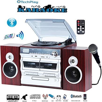 TechPlay Karaoke Enabled, 30W RMS, Retro Classic Turntable, NFC Bluetooth, Double Cassette Player/Recorder, CD MP3 Player, USB SD Ports, AM/FM Digital Alarm Clock and Full Remote Control (Wood)
