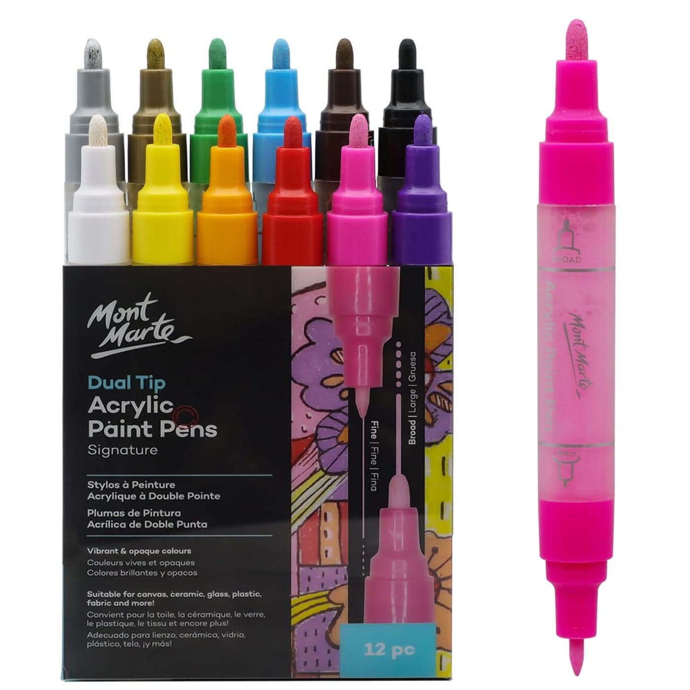 Mont Marte Dual Tip Acrylic Paint Pens Signature 12pc, Vibrant and Opaque Acrylic Based Ink, DIY, Design, Decorate and Draw On Canvas, Glass, Ceramic Plastic, Concrete, Stone