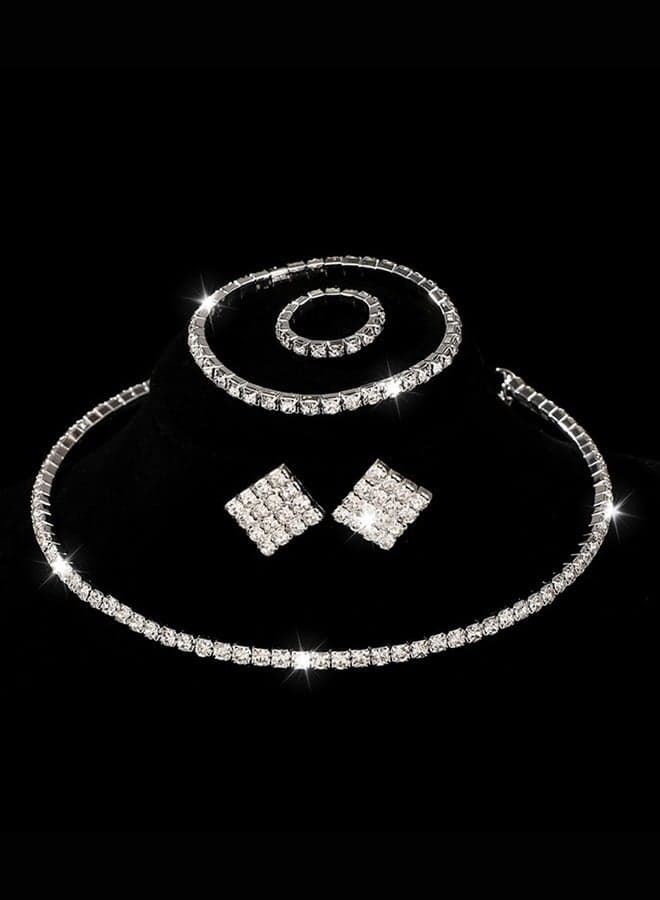 4-Piece Single Row Rhinestone Jewelry Set, Silver Crystal Choker Necklace, Bracelet, Earrings & Ring, Minimalist Tennis Jewelry Set for Women, Wedding & Party Accessories