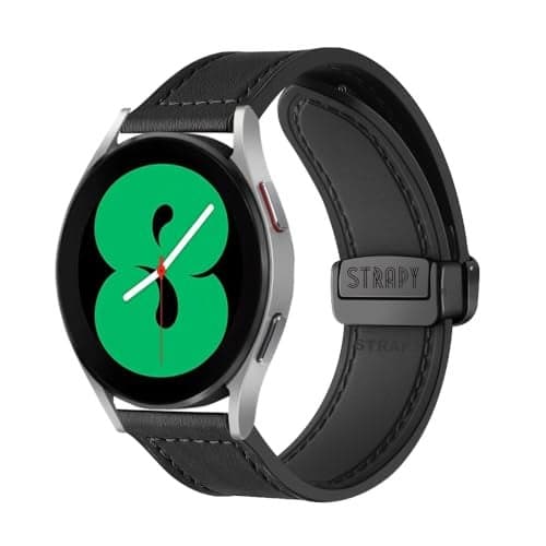 STRAPY 20mm Soft Genuine Leather Hybrid Watch Band Compatible with Samsung Galaxy Watch 7/6/5/4, 40mm/44mm Smartwatch, Magnet With Folding Buckle Straps for men women (Black)