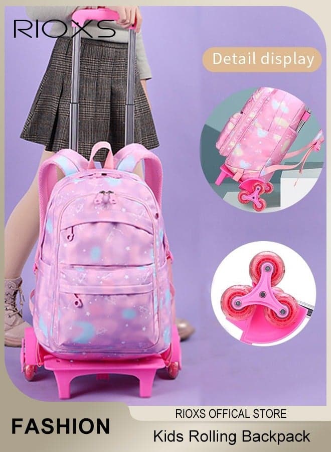 Kids Rolling Backpack, Fashion Printed Trolley School Bags, Rolling Backpacks for Girls, Large Capacity Silent Wheeled Backpacks, Wear-Resistant Girls' Roller School for Elementary, Simple Child Kindergarten Backpack with Six Wheels, Back-to-school Necessary Backpack, Purple Pink