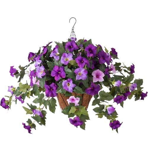 VGNQA Artificial Petunia Flowers with Hanging Basket for Outdoors, 3 Pcs Fake Hanging Flowers UV Resistant Faux Silk Plants for Garden Porch Yard Patio Realistic Home Spring Decor(Double Purple)