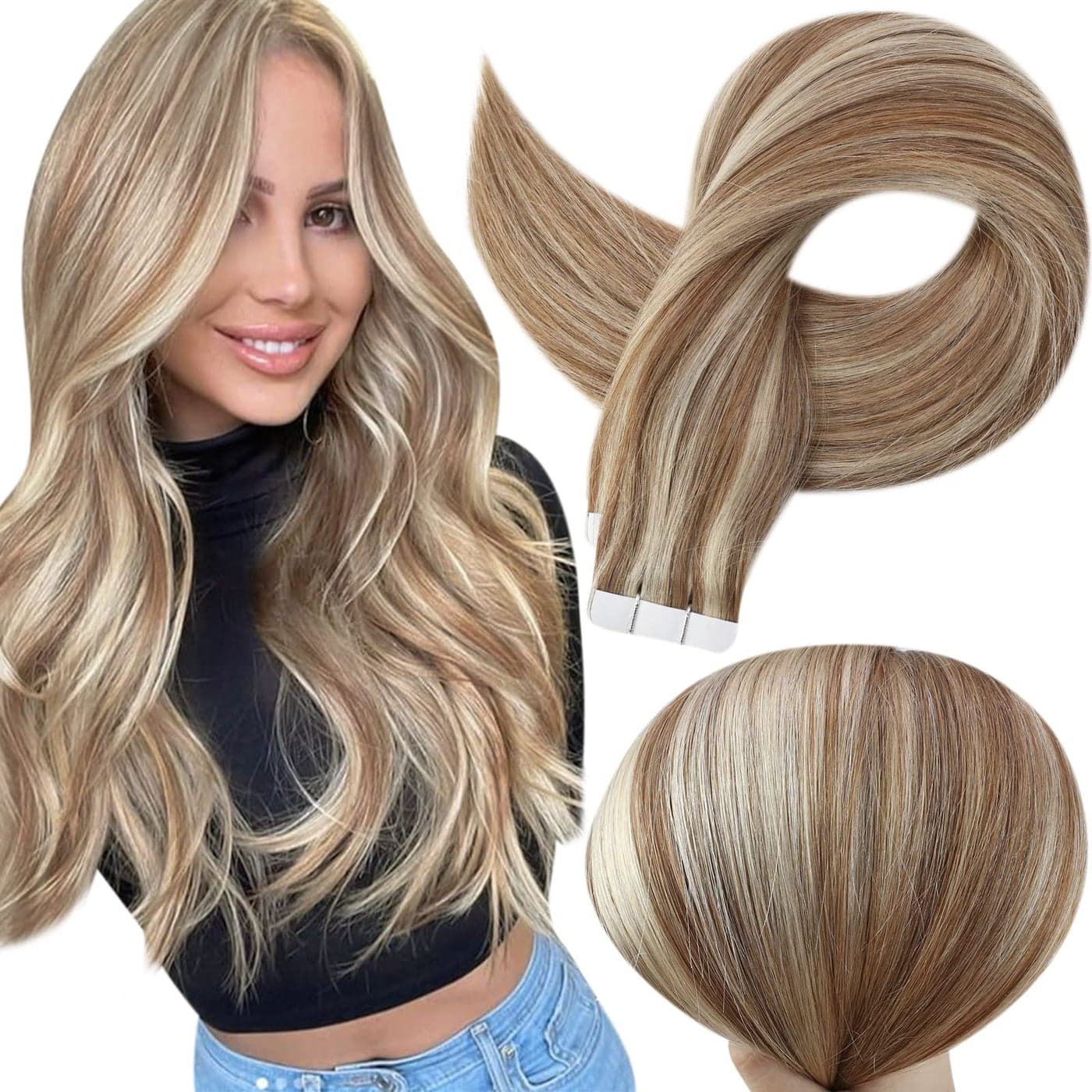 Full Shine Tape in Extensions Invisible 16 Inch Tape in Hair Extensions Human Hair Double Sided Tape Hair 10P613 Golden Brown Highlighted Bleach Blonde Glue in Hair Extensions 50Gram 20pcs Add Volume