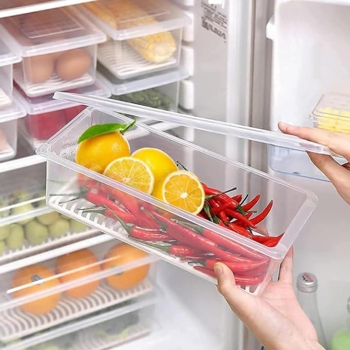 TEKCOOL Polypropylene Fridge Storage Containers (Pack Of 6), Fridge Organizer With Removable Drain Plate Tray Keeps Fruits, Vegetables, Meat, Fish Fresh Longer (1500 Ml), White.