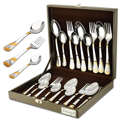 Parage 18 Pieces Premium Stainless Steel Golden Cutlery Set, Home & Kitchen with Gift Box (6 Pieces Each Table Spoons, Table Forks & Tea Spoons) with Leatherite Box (Imperial Design)