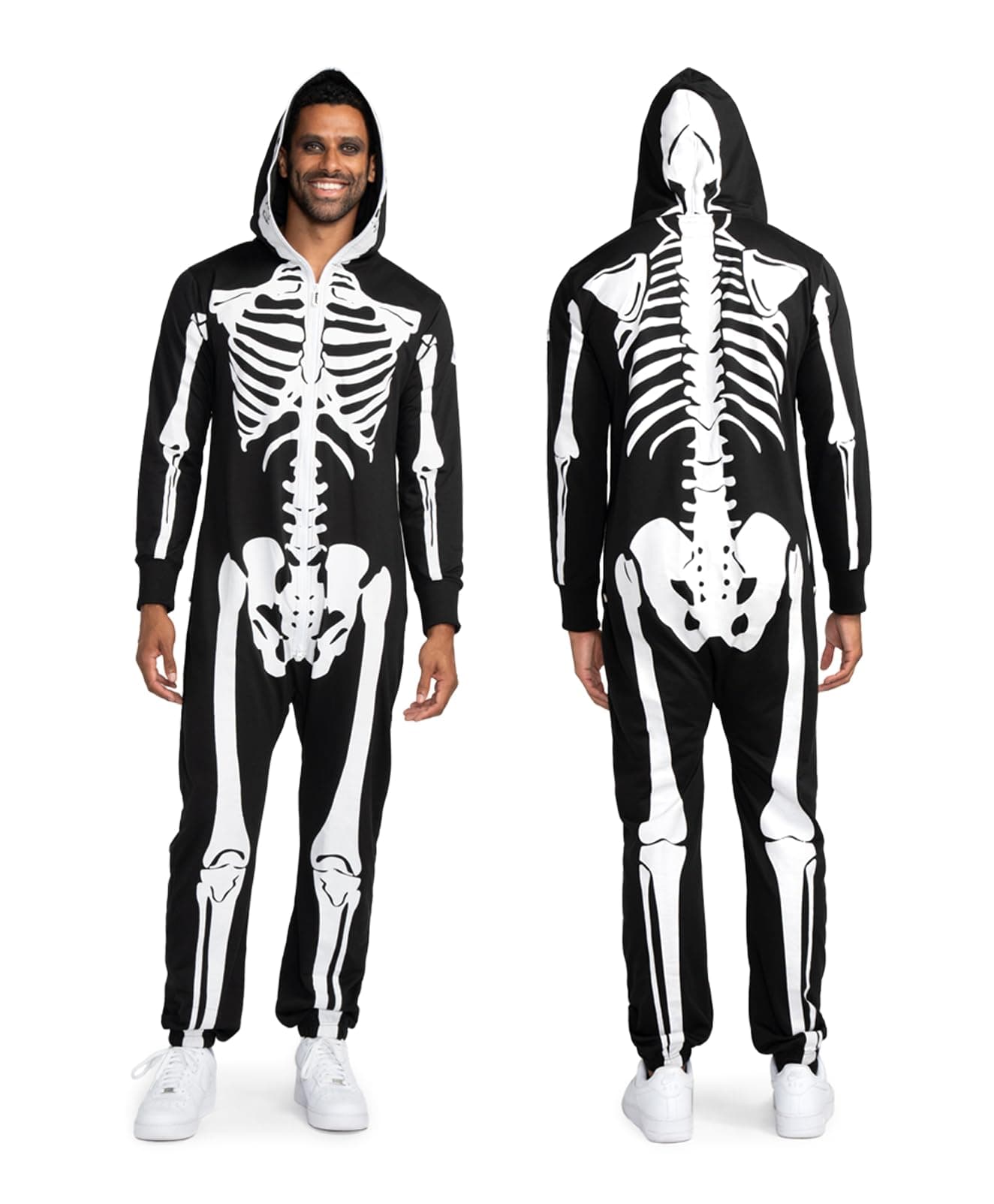 Tipsy Elves Halloween Skeleton Costume for Men - Comfy Adult Skeleton Jumpsuit with Hood - Men's White Bones Jumpsuit Halloween Costume with Full Zip Hood Size X-Large
