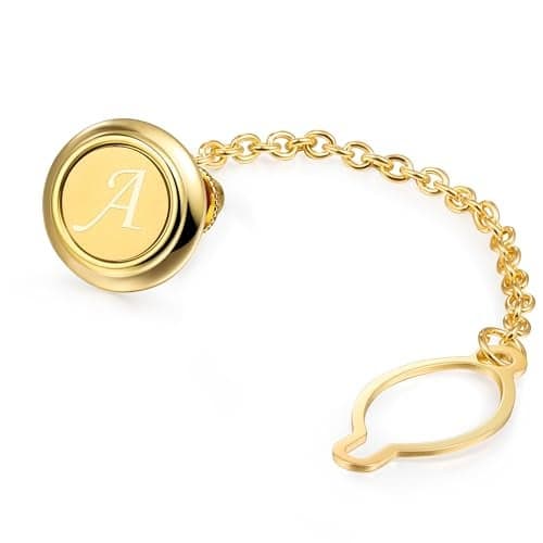 HAWSON Mens Tie Tacks for Men with Chain Round Gold Tie Pins Wedding Business Birthday Anniversary Initials A-Z Tie Clip Gifts