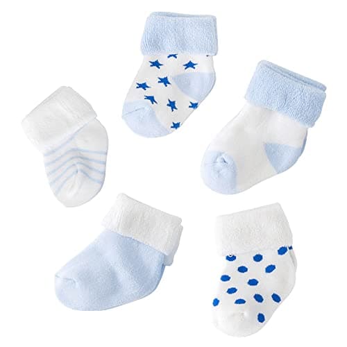 MumsLap Baby Socks for Boys and Girls | Cotton Blend Ankle Length Winter Socks for Newborns Infants Toddlers | Soft Breathable Terry Socks with Sweat Absorption, 5 Pairs (White, Blue, 0 to 12 Months)