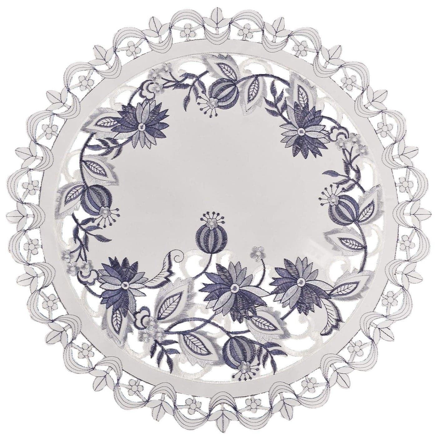 Embroidered Delft Blue Onion Flower Place Mat Doily 16 Inch Round