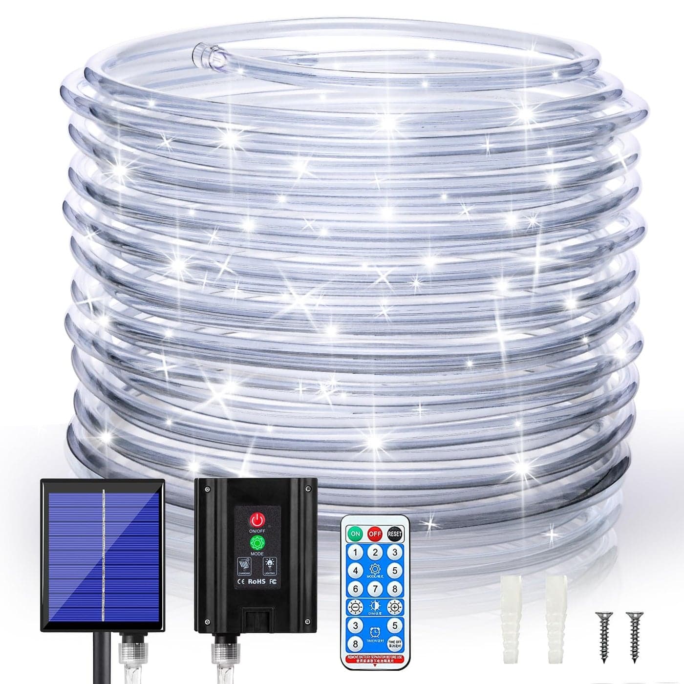 Solar Outdoor Rope Lights 66ft 200leds Solar Powered Rope Lights Outdoor 8 Modes DimmableTimer Remote String Light 37V1200mAh Rope Solar Lights Outdoor Waterproof for Garden Decor White