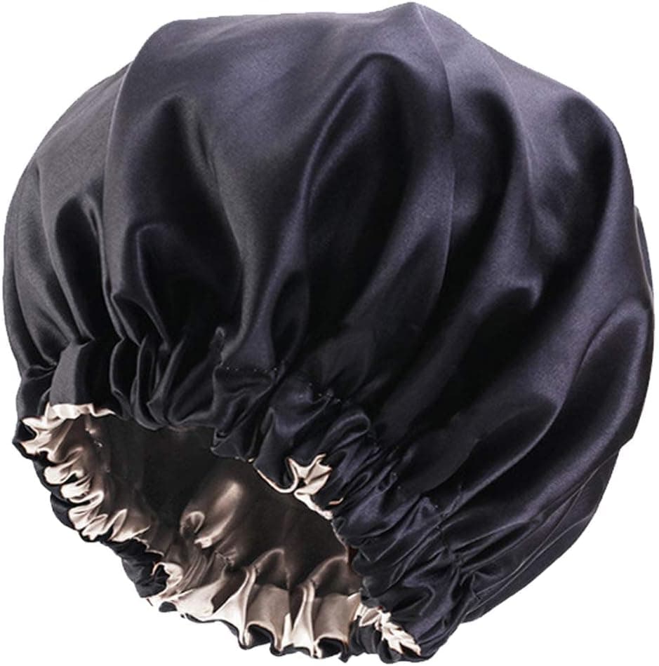 Silk Satin Bonnet, Satin Sleeping Cap, Loose Brimless Hat, Large Double Layer Round Hat, Women's Beauty Salon Cap, Elastic Elastic Sleeping Cap Shower Cap for Women's Natural Curly Hair, Black