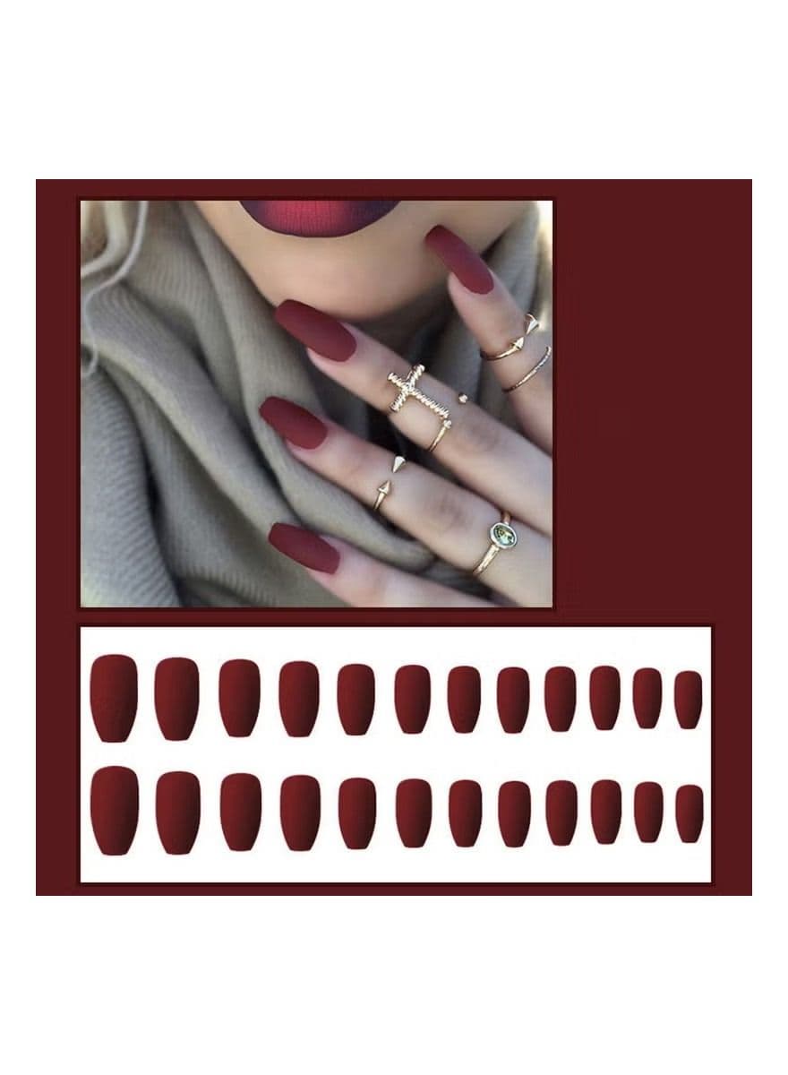 ORiTi 24 Piece Ballerina Pure Color Matte Coffin Nails Set Light wine red
