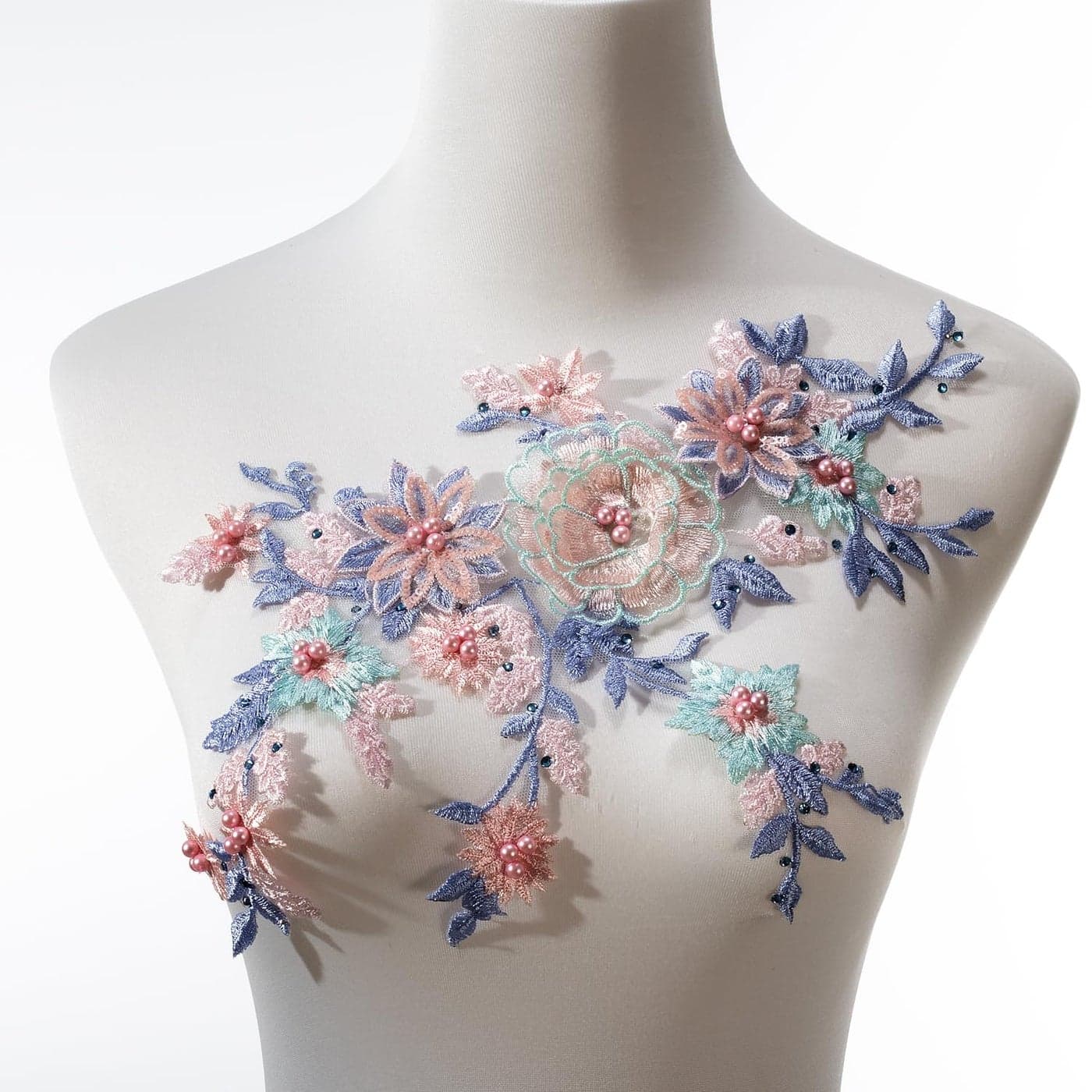 Silvora 3D Embroidered Flower Fabric Beaded Pearl Lace Applique Handmade Sewing Tool for DIY Wedding Bridal Dress Floral Costume Patch DecorBlue