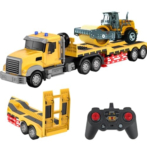 CALEST Remote Control Semi Truck with Trailer 24 Inch RC SemiTrailer Engineering Tractor with Road Roller Toys124 Truck with LED Lights Music Great Gift for Boys Girls