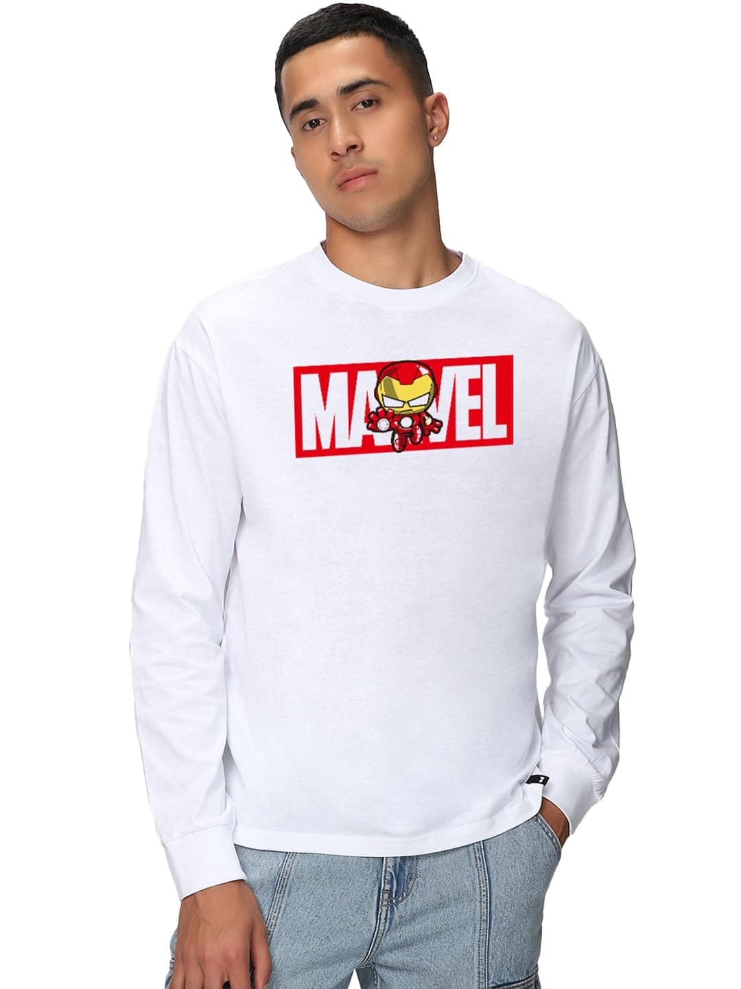 Bewakoof Official Marvel Merchandise Men's Graphic Printed Oversized Fit Full Sleeve Round Neck Cotton Jersey T-Shirt 636692 White M