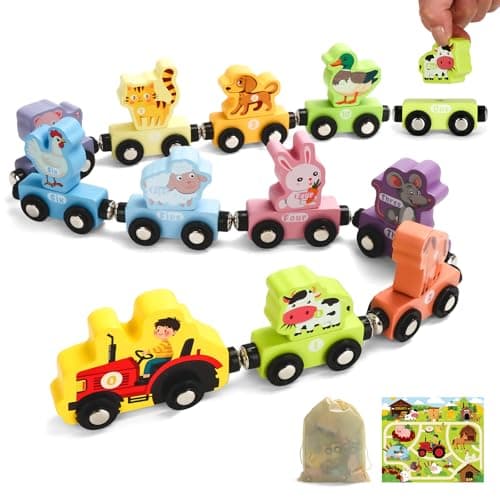 TenFans Montessori Toys Magnetic Wooden Animal Train Set for Toddlers 11 Pieces Educational Preschool Learning Toys Birthday Gifts for Boys Girls