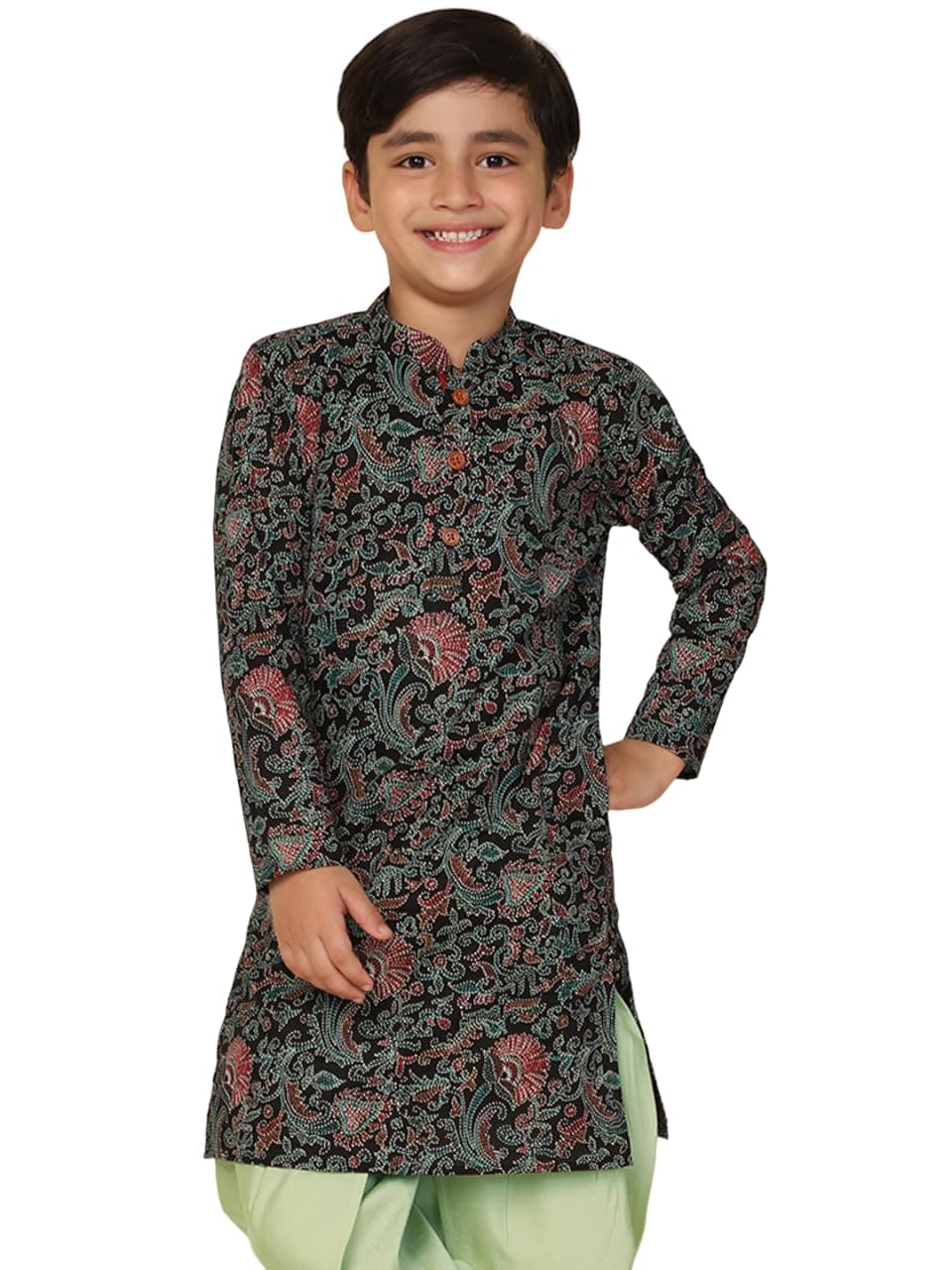 KISAH Kid's Cotton Full Sleeves Regular Fit Knee Length Floral Black Kurta (11-12Y)