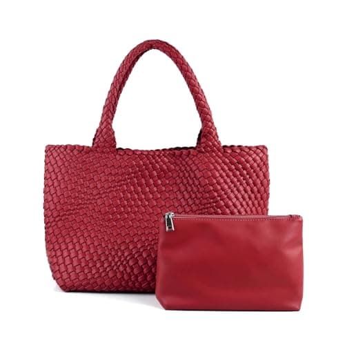 LIKEBAG Woven Tote Bag Womens Purse Vegan Leather Shoulder Handbags Fashion Summer Beach Tote Bags Large Travel Totes (Red)