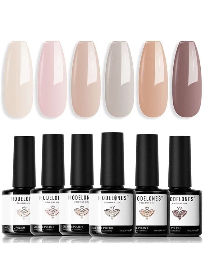 Modelones Neutral Gel Nail Polish Set 6 Colors, Nude Skin Tones Beige Taupe Ivory White Pastel Pink Grey Light Brown for All Seasons, Soak Off Manicure Kit Nail Art Design Salon at Home Gifts for Wome