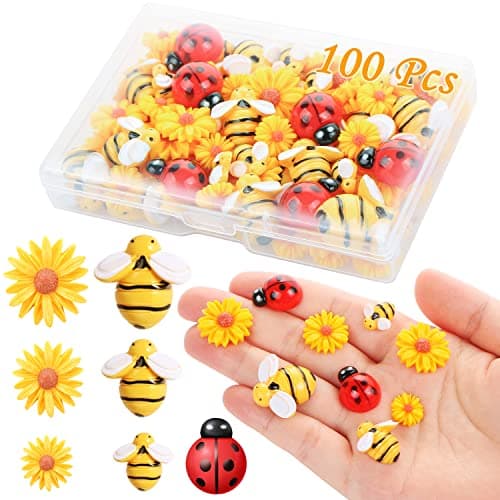 MIKIMIQI 100 Pcs Resin Bees Daisy Decor Bumblebee Ladybug Embellishment Sunflower Bees Charms Craft Decorations with Storage Box for Women DIY Craft Wreath Scrapbooking Party Decorations, 3 Sizes