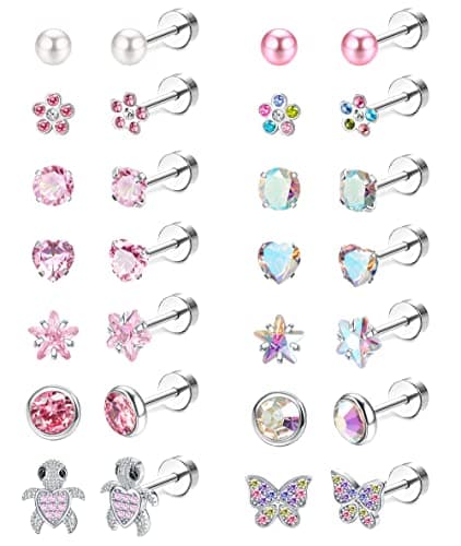LOYALLOOK Hypoallergenic Screwback Earrings for Women Girls Tiny CZ Pearl Ball Heart Flower Screw Back Earring Studs 316L Stainless Steel Stud Earrings Flatback 20G Colorful Over 3 Years Old