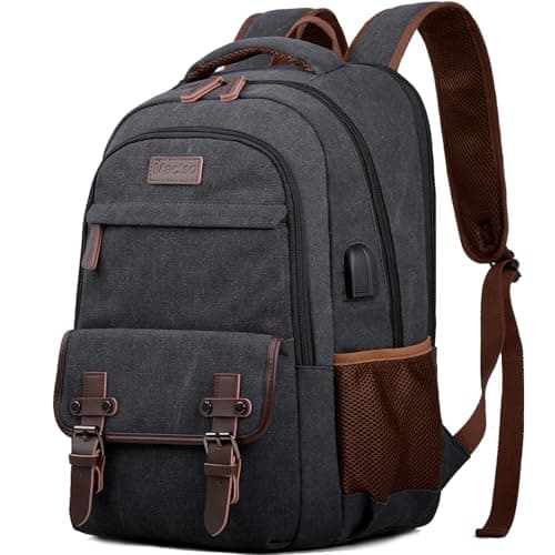 Mactso Canvas Travel Laptop Backpack for Men Women, Business Work Rucksack College School Computer Bag Fits 15.6 Inch Notebook,Bookbag with USB Charging Port (Black, 15.6 Inch)