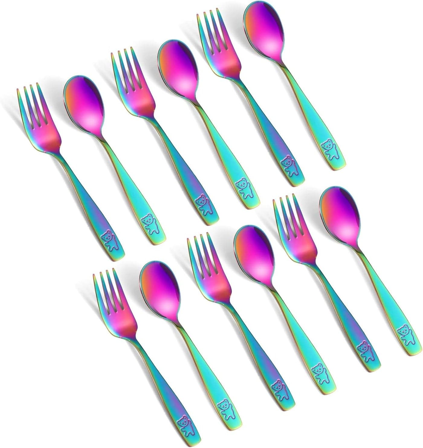 Pimoys 12 Pieces Toddler Utensils Kids Rainbow Silverware Set Stainless Steel Childrens Safe Forks and Spoons Metal Kids Cutlery Set Dishwasher Safe