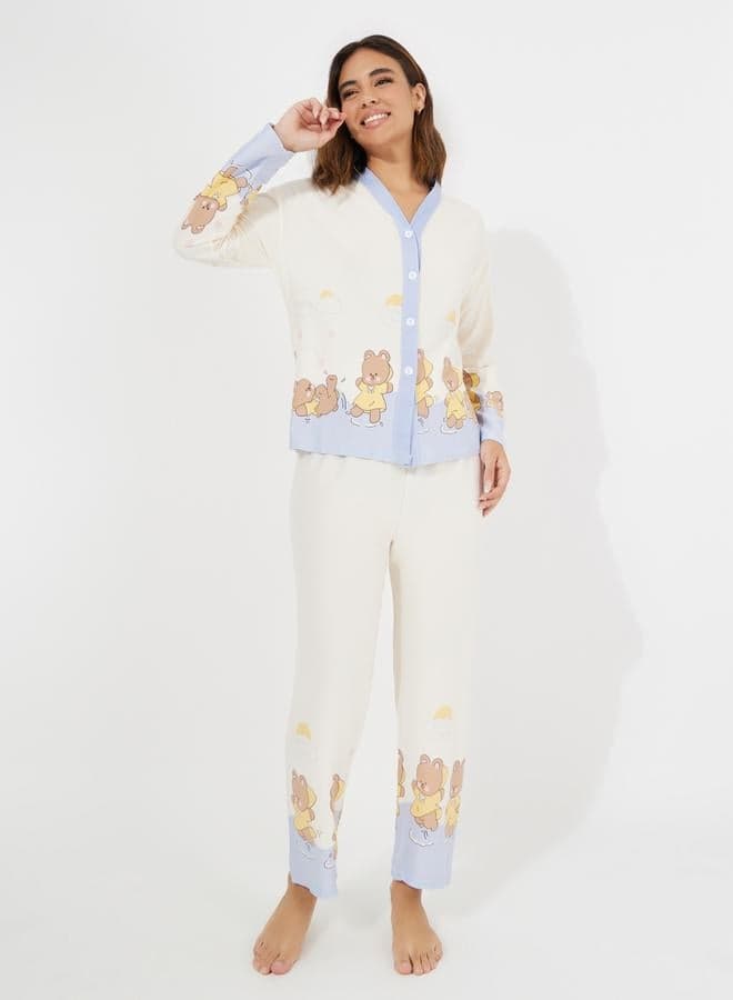 Bear Print Button Placket Shirt And Pyjama Set