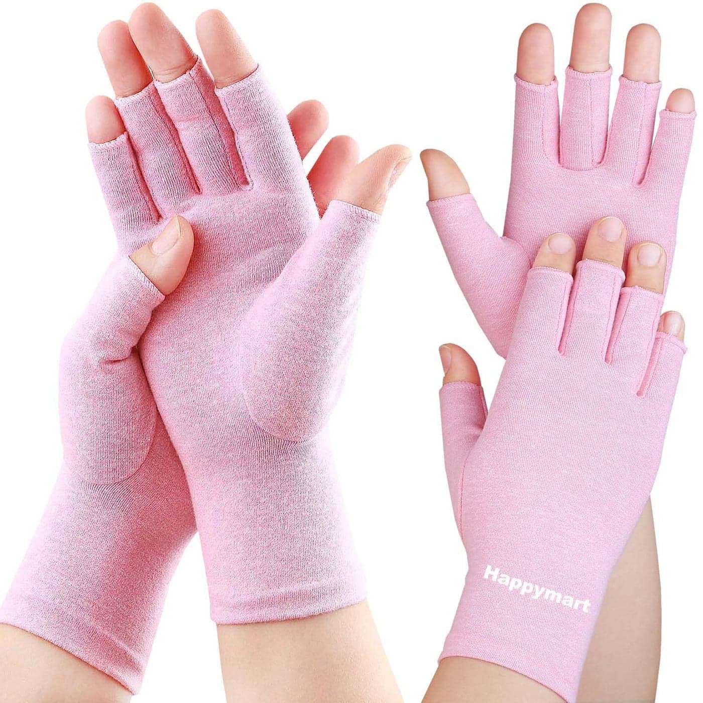 Happymart 2 Pairs Arthritis Gloves for Women for Pain Compression Gloves for Carpal Tunnel Relief Rheumatoid Osteoarthritis Fingerless Gloves for Women and Men Typing Pink Small