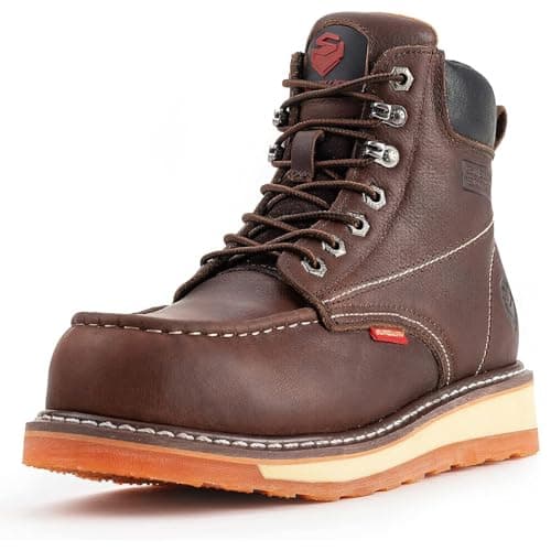 SUREWAY Mens Heavy Duty Soft/Composite/Steel Toe Work Boots for Men-Comfortable,GoodyearWelt,Full Grain Leather,6 in Wedge Moc Toe Construction Boots/Shoes,Steel Toe Dark Brown,Size 10