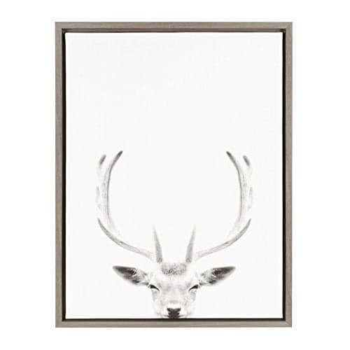 Kate and Laurel Sylvie Deer with Antlers Black and White Portrait Framed Canvas Wall Art by Simon Te Tai, 18x24 Gray