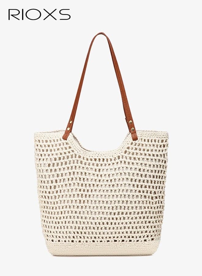 Women's Beach Tote Bag, Unique Crochet Tote Bag, Summer Trendy Bohemian Beach Bag with Buckle, Large Capacity Knit Tote Shoulder Bag for Ladies, Practical Ladies Handbag Mesh Beach Purse Travel Tote Bag Daily Bag for Travel, Vacation, Dating, Work and More, Beige