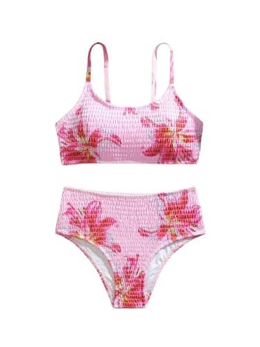 RoseSeek Girl's 2 Piece Floral High Waisted Swimsuit Smocked Wireless Bathing Suit Boho Holiday Beachwear Set Pink 12Y