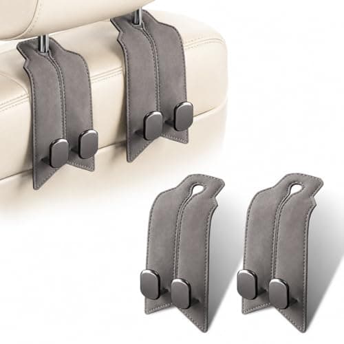 atFivoy 2Pcs Car Headrest Hooks with Premium Leather Upgraded Double Metal Hooks with AntiDrop Design Universal Back Seat Hanger for Bags Coats Purses and Groceries Classic Gray