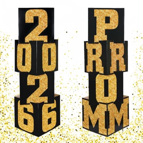 Queekay 8 Pcs Prom Column Standup Photo Booth Decorations 2026 Prom Backdrop Balloon Boxes Cardboard Decoration Column for Party College 118 x 449 InchGold Black