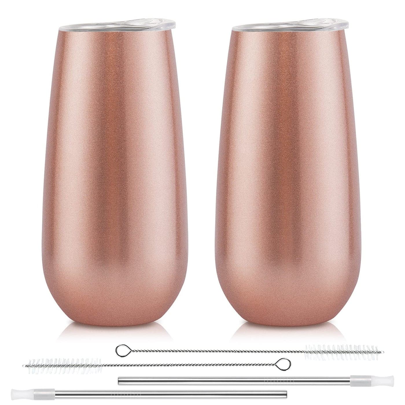 2 Pack Stemless Champagne Tumblers 6 Oz Insulated Flute Tumbler Double Insulated Unbreakable Glasses for Friends Birthday Christmas Wedding Rose Gold