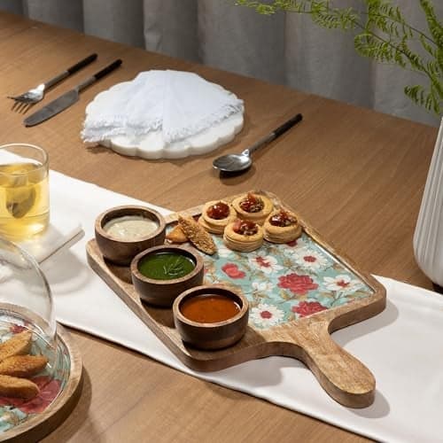 Handcrafted Mango Wood Serving Platter with 3 Dip Bowls | Traditional Jamawar Kashmiri Print | Waterproof, Heat-Resistant, Food-Safe Lacquer Finish | 15.5 x 10 Inch | Made in India (3Katori-AquaRed)