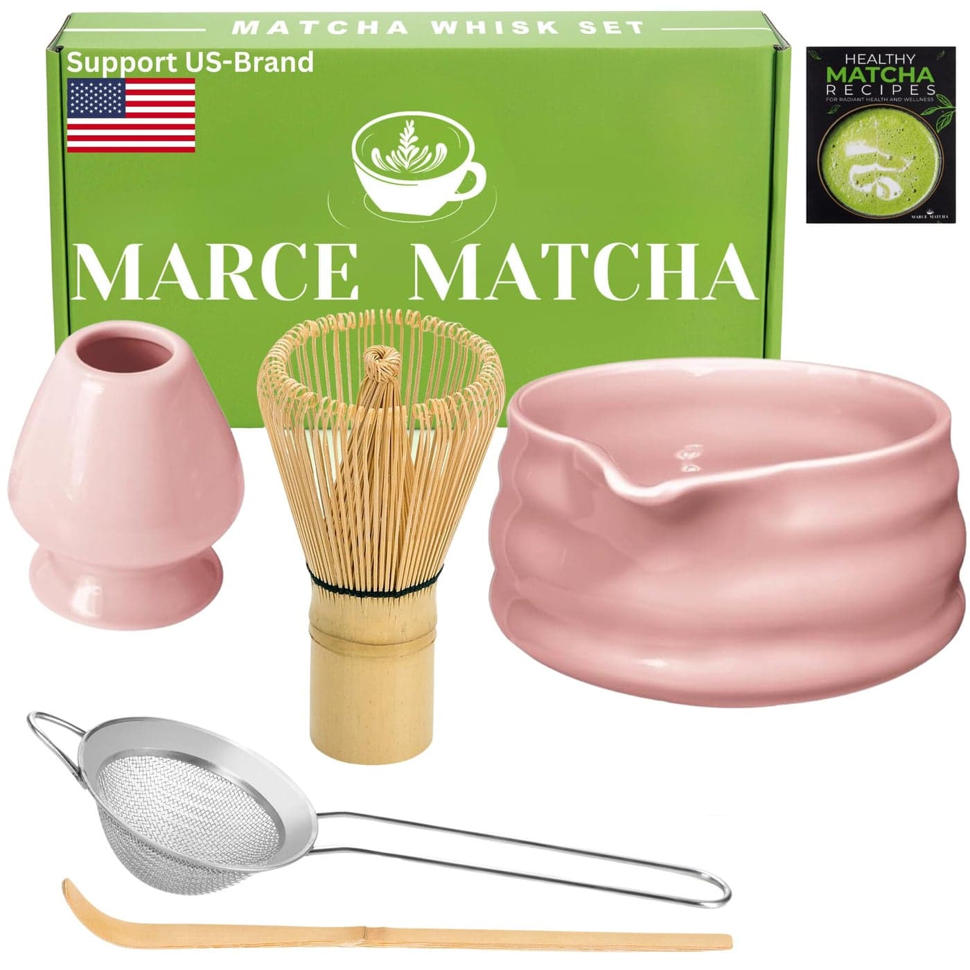 Marce Matcha Whisk Set Matcha Set includes Matcha Whisk and Bowl with Spout Sifter Holder and Scoop The Perfect Bamboo Whisk for Matcha Tea Pink