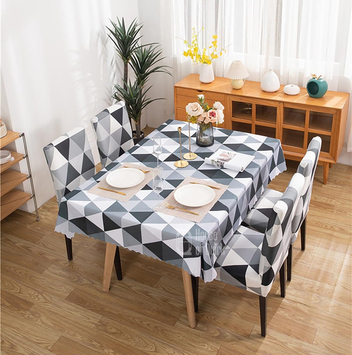 House of Quirk Polyvinyl Chloride Dining Chair Cover with Table Covers for Kitchen Waterproof Dining Table Cloth (Black Triangle, 1 Table Cover + 4 Chair Cover), Square
