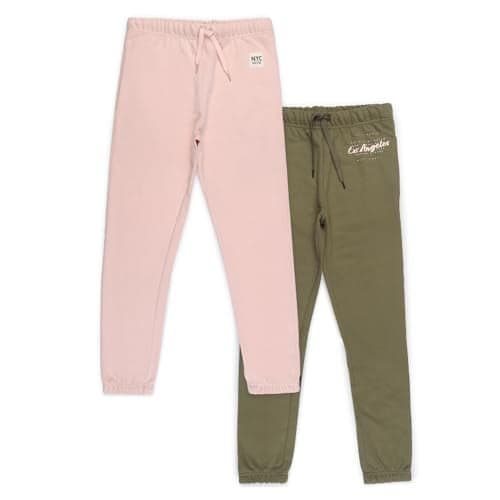 Alan Jones Clothing Girls Pack of 2 Joggers Track Pants | Side Pockets | Elastic Waist with Drawstring | Regular Fit | Age 5-16 Years | Olive, Pink_11-12 Years
