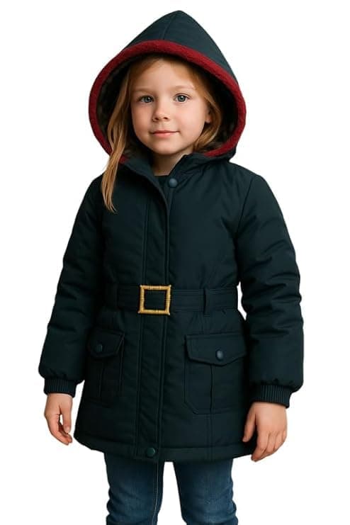 Krystle Girls’ Hooded Winter Jacket – Warm Quilted Puffer Coat with Belt, Water-Resistant Outerwear for Cold Weather (Dark Green,7-8 Years) (Cool Dezine)